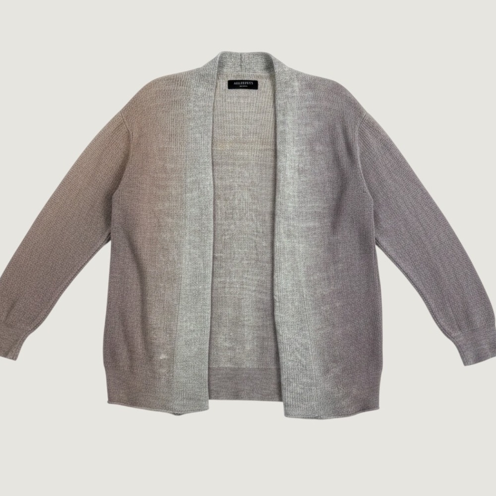 All Saints light grey, open-front knit cardigan classic purple brown fade detail
